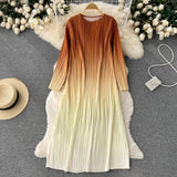 Autumn Vintage Women Draped Dress Elegant Round Neck Long Sleeve Loose Pleated Robe Female Casual Gradient Vestidos New