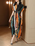 Colorblock Dresses For Women V Neck Short Sleeve High Waist Tunic Folds Printing Slim Dress Female Summer Clothes