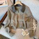 Sleeve Solid Women Turn Down Collar Loose Casual Knitted Coats Zipper Autumn Winter 2023 Regular Splice Sweaters Cardigan-Outfit