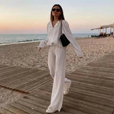 Women Two Piece Pleated Pants Suits Casual Chic Solid Color Long Sleeve Shirts Straight Leg Trousers Set Matching Sets New-Outfit