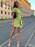 White Sexy Backless Women Summer Dress 2022 Puff Sleeve Irregular Ruffle Mini Dress Green Pleated Ladies