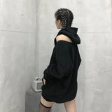 Streetwear Off Shoulder Sweatshirt For Women Hooded Collar Long Sleeve Casual Black Sweatshirts Female Fashion New 425-0-Outfit