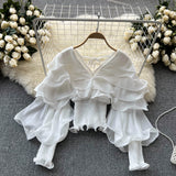 Ruffles Slim Chiffon Long Blouse Fashion V Neck Chic Long Sleeve Elastic Waist 2022 Autumn French Streetwear Solid