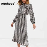 Elegant Houndstooth Dress Women Autumn Spring Bow Neck Vintage Plaid Midi Dress Lantern Long Sleeve Casual