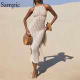 Casual Summer Beach 2021 Knitted Cotton White Women Midi Slit Dress Bodycon Halter See Through Hollow Out Chic Wrap