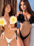 Three-Point Microbikini New Three-Dimensional Flower Split Swimsuit Woman 2025 Strap Solid Color