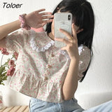 Women Preppy Style Lace Patchwork Casual All-match Popular Summer Peter Pan Collar Chic Crops Students Korean Retro