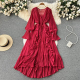 Bohemian Beach Long Dress Summer Women 2022 Ruched Long Sleeves V Neck Elegant Elastic Waist A Line Beach