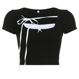 And Spicy Girls With Square Neckties And Bows Knit Short-Sleeved Blouse Girl's Pleated Spliced T-Shirt-Outfit