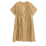 Women Khaki Irregular Pleated Long Dress New Round Neck Short Sleeve Loose Fit Fashion Tide Spring Summer 2023