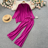 Winter Loose Irregular Knitted Two Pieces Suits V Neck Knitwear+Wide Leg Long Pant Women Streetwear Solid Sweater