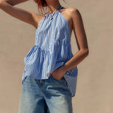Women's Summer Y2K Aesthetic Fashion Striped Tank Sleeveless Tie-up Halter Neck Backless Striped Peplum Flare Tops-Outfit