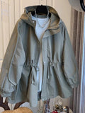 Women Full Sleeve Trench Coats Zipper Hooded Cardigan Solid Drawstring Tight Waist Splice Autumn Winter Casual Loose-Outfit