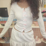 Multi Cute Bow Single-breasted Knitted Top Y2K Lace Trim Solid Japanese Lolita Style Cropped Tops Sweet T-shirt Tees New-Outfit