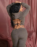 Winter Sexy Back Lace Up Long Sleev Crop Fleece Hoodies and Match Pants Set 2 Piece