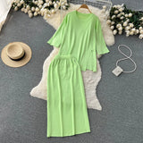 Women Summer Knitted Sets Fashion O Neck Split Top+ Wide Legs Long Skirt Sets Ladies High Street Loose Two Piece