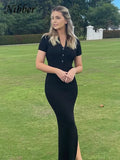 Solid Color Maxi Dress Summer Clothes For Women Elegent Middle collar Single-breasted Dresses Streetwear Party Travel-Outfit