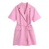 Blazer Dress Short Sleeve Turn Down Collar Fashion Office Ladies Shirt Dress With Sashes Za 2021 Women Robe Chemise