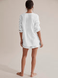 Solid Pocket Cotton Women 2 Piece Set V-Neck Long Sleeve Shirt And Drawstring Wide Leg Shorts White Two Peice