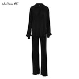 Pleated 2 Piece Women Pants Sets Loose Shirts And Wide Leg Long Pants Suit Ladies Outfits Fashion Office Two