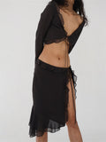 Mesh Ruffles Long Sleeve Tie Up Crop Top And Wrap Skirt Set-Outfit
