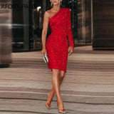 Women Glitter Elegant One Shoulder Long Sleeves Mini Formal Party Red Dress-Outfit