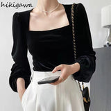 Blusas Mujer De Moda 2023 Vintage Shirts Women Square Collar Puff Sleeve Elegant Blouses Korean Velvet Black Tops