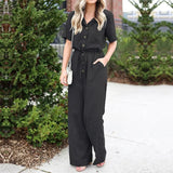 Elegant Rompers Women Jumpsuits Summer Wide Leg Overalls Drawstring Elastic Waist Short Sleeve Solid Dungarees