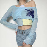 Cute Patchwork T-Shirt Two Piece Women Long Sleeve Transparent Tee And Tie Up Halter Cropped Tops Summer Kawaii