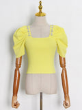 Patchwork Diamond Sweater For Female Square Collar Puff Short Sleeveless High Waist Slimming Women's Sweater