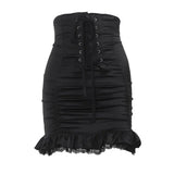 Women's Bodycon Mini Skirt, Gothic High Waist Criss Cross Lace Up Ruffle Trim Short Pencil Skirt-Outfit