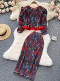 Spring Autumn Bohemian Women Printed Draped Two Piece Set Blue/Red/Yellow Pleated Ruffle Blouse + High Waist Midi Skirt Suit