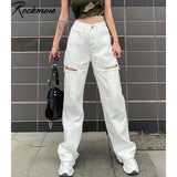 Rockmore Vintage Hollow Out Women'S Jeans Pockets White Harajuku Korean Baggy Straight Pants StreetWear Wide Leg