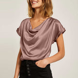 Celmia 2022 Stylish Women Short Sleeve Satin Tops Summer Blouse Cowl Neck Tunic Shirt Elegant Casual Solid Party Blusas