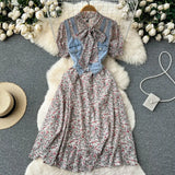 Female Patchwork Denim Dress Waist Sheath Ruff Sleeve Autumn Dress Women Fashion French Hepburn Long Floral