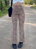 Brown Y2K Leopard Joggers Women High Waist Flare Pants Double Layer Mesh Girl Aesthetic Trousers Female