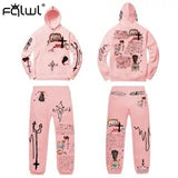 Graffiti Streetwear Two 2 Piece Set Women Tracksuit Female White Black Hoodies Pants Women Matching Sets Outfits