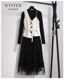 Women Elegant Casual Suit 2022 Autumn Fashion Black knitting Mesh Dress + Plaid Vest Top Female 2 Piece