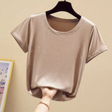 Popular Light Thin High Elastic Fashion Casual Round Collar Short Sleeve T-Shirt Brand High Quality Pure Cotton Women'S