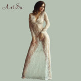 Women Black Lace Dress Sleepwear Floor-Length White See Through Dress Adjust Waist Sexy Hollow Out Vestido Maxi Plus