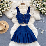 Port Style Retro Hottie Set Short Sling Vest With Mini Half-Dress Denim Two-Piece