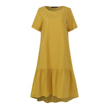 Dress Holiday Summer ZANZEA Short Sleeve Sundress Solid Casual Kaftan Ruffles Loose Vestidos Pockets O-Neck Robe