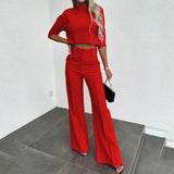 Women Korean Solid Short Tops Two Piece Sets Simple Round Neck Loose Straight Long Pants Set High Waist Ladies Autumn-Outfit