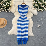Fan Temperament Body-In-County-Necked Sleeveless Striped Knitted Dress Women's Summer Tight-Dled Ass Tuxedo