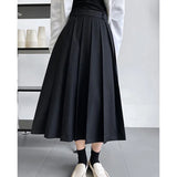 High Waist Black Brief Elegant Pleated Long A-line Half-body Skirt Women Fashion Tide New Spring Autumn 2023