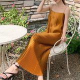 2022 Summer Women Satin Slip Dress Spaghetti Strap Long Silk Dress Sexy Pleated Party