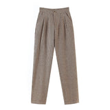 Elegant Full Length Plaid Pants Women Pleated Loose Lady Harem Pants Casual Houndstooth Wool Long Trousers