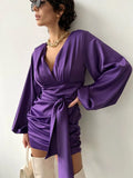 Party Ruched Sexy Dress Women Lantern Sleeve V-Neck Satin Short Dress With Sashes Clubwear Spring 2023 Solid