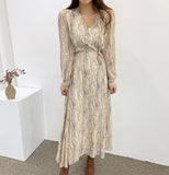 Women V-neck Print Dress 2021 Female Full Sleeve Lace-up Waist A-line Vestidos