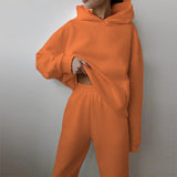 Women's Pure Color Casual Fashion Trousers Thick Sports Hoodie Set